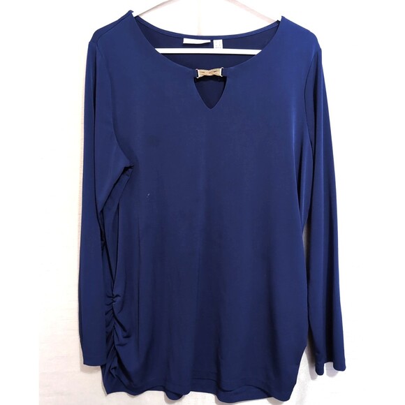 Susan Graver Women’s Size LARGE Navy Liquid Knit Keyhole Neck Dressy Festive Top - Picture 15 of 16